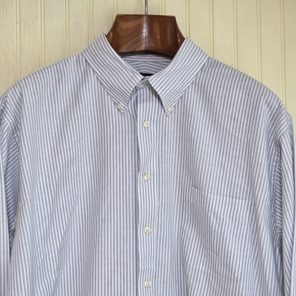 Lands End Dress Shirt Mens 17 34/35 Blue Stripe Regular Long Sleeve Button Down